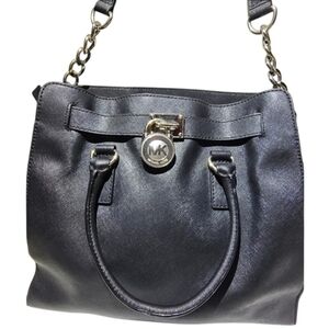 Michael Kors Hamilton Large EW Satchel Black Saffiano Leather Silver Lock 30T2SH